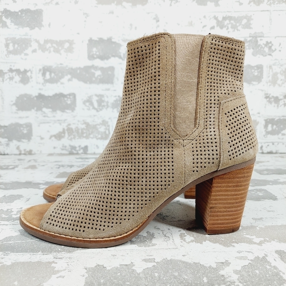 Toms Marjoka Tan Brown Open Toe Block Heel Side Zip Ankle Booties O723